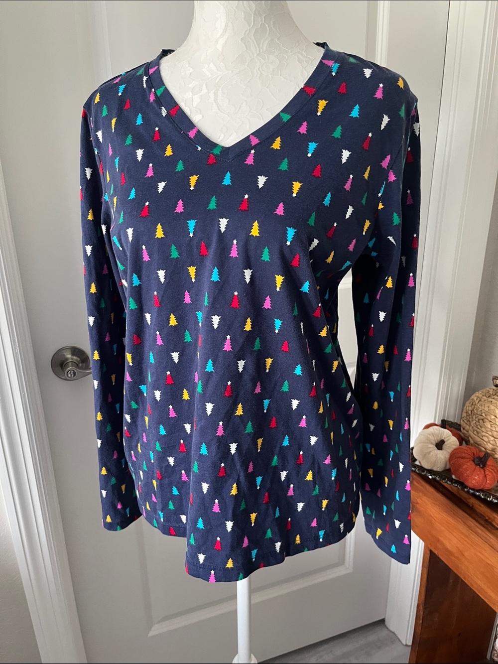 Lands' End Navy HolidayV-Neck Long Sleeve Top with Multicolor Tree Motif